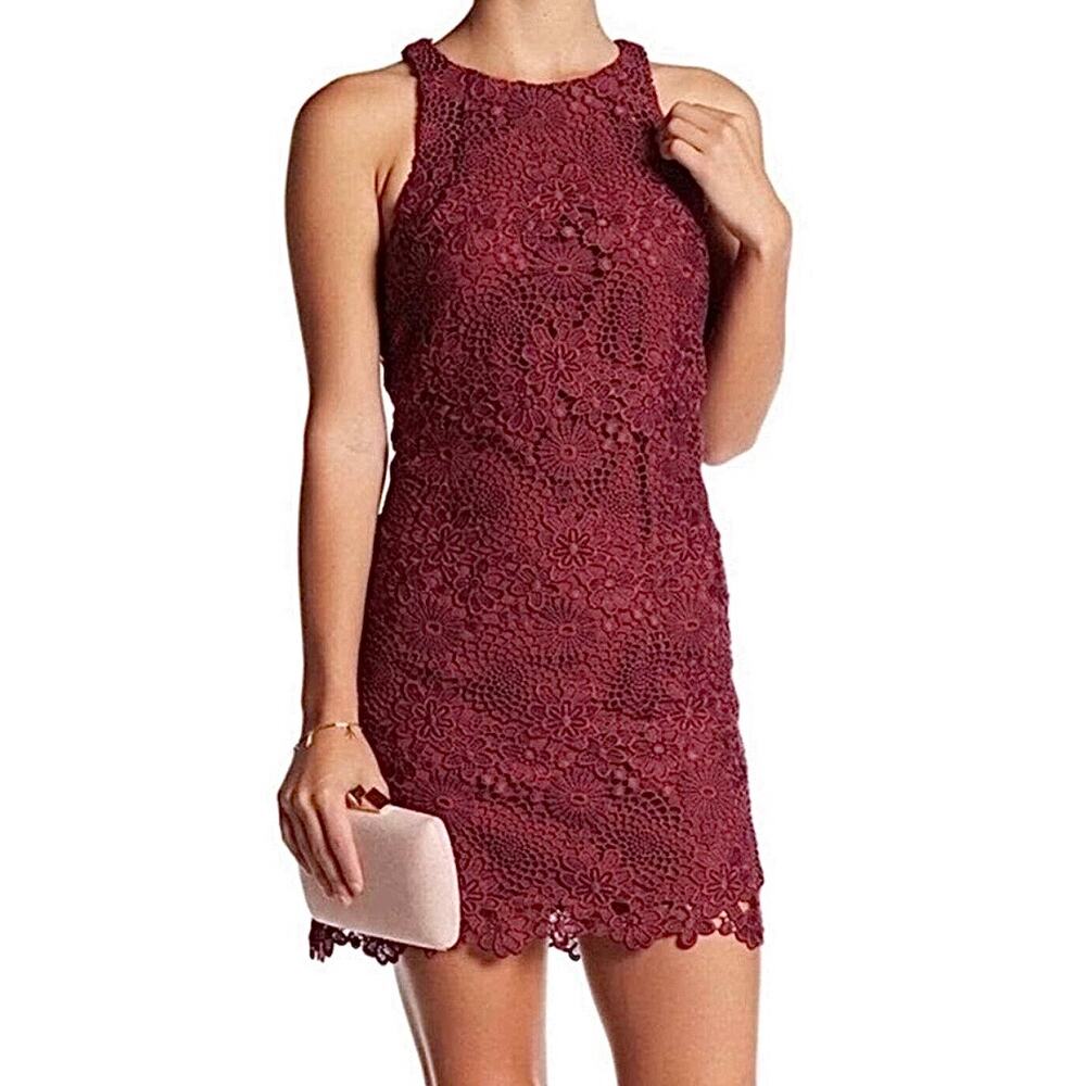 WAYF Randy burgundy lace mini dress high neck cocktail party boho wedding